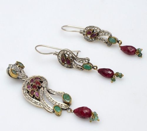 925 sterling silver Ruby, Emerald & CZ Gemstone Victorian pendant Set