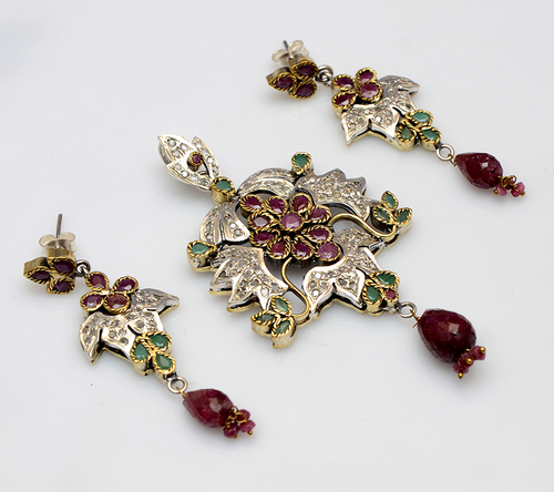 925 Sterling Silver Victorian Pendant Set - 20-30mm, Ruby Emerald CZ Gemstones, Handmade Elegant Design