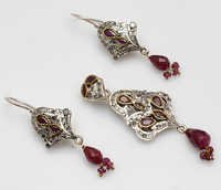925 Sterling Silver Ruby & Cz Gemstone Victorian Pendant Set