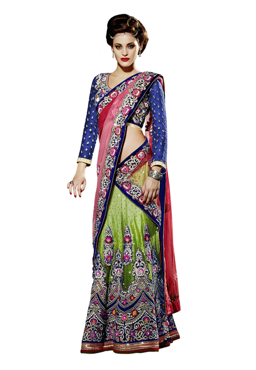 Designer Bridal Lahenga Saree - Silk Blend, 55 Inches, Multicolor | Handcrafted Embroidery, Elegant Design, Customizable Size, Comfortable Wear