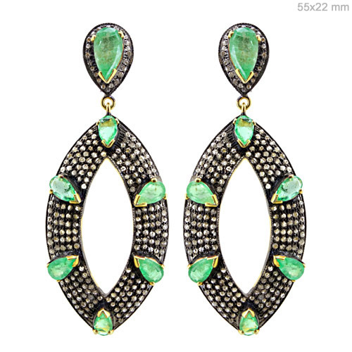 Diamond Emerald Gold Earrings - 14k Gold, 55x22 mm, Emerald & 1.96 CTS Diamond, Elegant Design