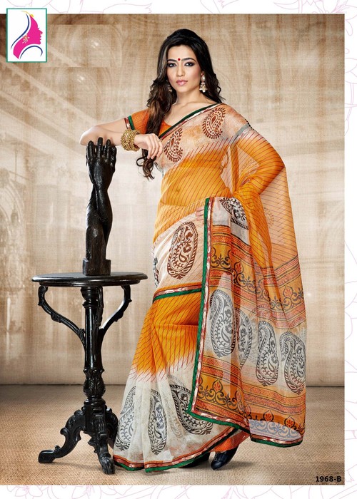 Enchanting Orange Designer Printed Casual Wear Saree