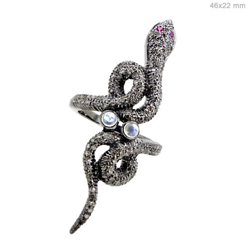Moonstone Diamond Silver Snake Ring