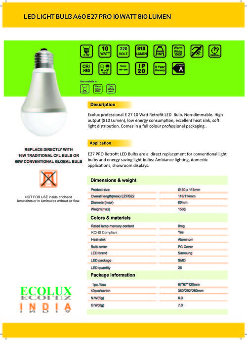 LED Light Bulb Series Model A60 E27 PRO