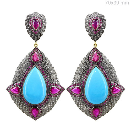 Ruby Turquoise Diamond Gold Earrings