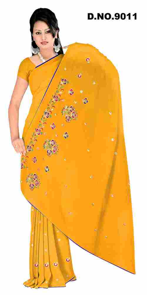 Dyed Work Saree - Silk, 5.5 Yards, Yellow | Floral Design, Soft Fabric, Vibrant Color, Intricate Work, Party Wear, Comfortable Fit, Durable Material