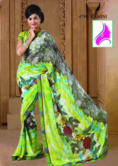 Esthetic Parrot Green-Grey Georgette Printed Festival Wear Saree
