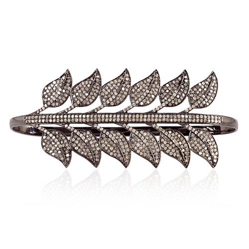 Pave Diamond Leaf Shape Palm Bracelet Jewelry - 925 Sterling Silver, 3.81 Ct Diamonds, Oxidized Finish, Party Wear