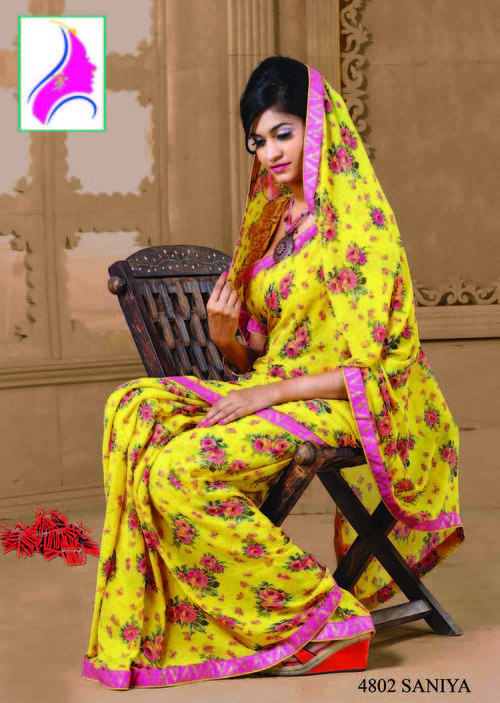 Dainty Yellow Georgette Printed Festival Wear Saree