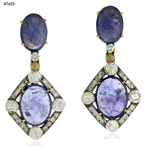 18 k Gold Diamond Gemstone Earrings Jewelry - 18k Gold, 47x23 mm, Tanzanite 21.20 ct, Diamond 3.10 ct | Handcrafted, Elegant Design, High Fashion Dangle Earrings