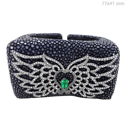 Emerald Diamond Silver Bangle - 925 Sterling Silver, 77x41mm, Silver with Emerald & 2.28cts Diamonds | Elegant Design, Luxury Feel, Ideal Gift