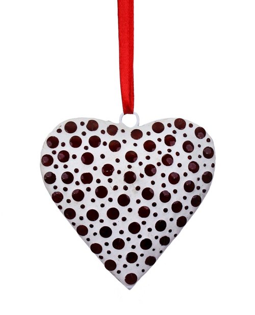 White Ornamental Handmade Heart Wall Door Hanging Adorned with Red Mosaic Glass Finish