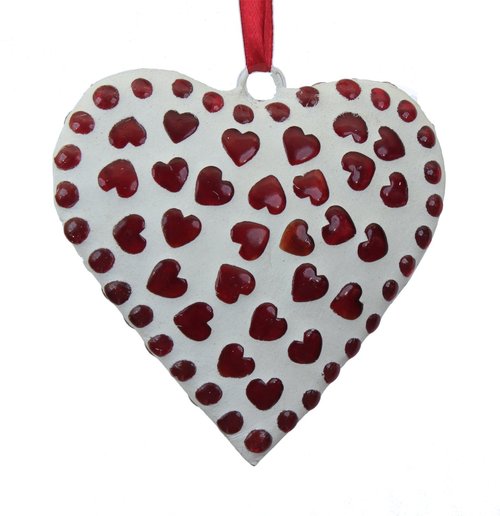 White Ornamental Handmade Heart Hanging Adorned with Red Mosaic Glass Finish