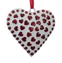 White Ornamental Handmade Heart Hanging Adorned With Red Mosaic Glass Finish