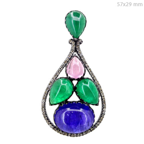 Diamond Gemstone Silver Pendant - 925 Sterling Silver, 57x29 mm, Emerald Pink Tanzanite | Multi-Stone Setting, Elegant Design, Diamond Accent