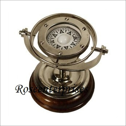 Handmade Nickel Plated Brass Gimbal Compass Ship'S Binnacle Gimballed Compass With Wooden Base Collectible Gift Compass