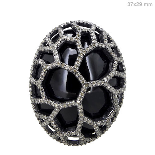 Onyx Carving Diamond Silver Ring