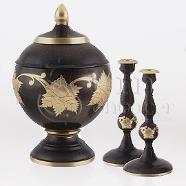 Ebony Leaf Brass Metal Memorial Cremation Urn Set