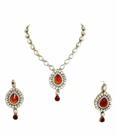Orange Kundan Necklace Set 08