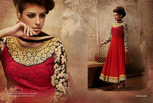 Anarkali Salwar Suit - Silk Blend, Floor-Length, Red | Hand-Embroidered, Elegant Design, Comfortable Fit