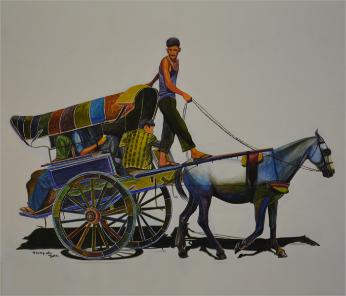 BK-11 x 14 Without Frame, 16 x 20 Inches With Wood Frame - Cotton Canvas, Blue, Acrylic, Realism, Horse Cart Artwork