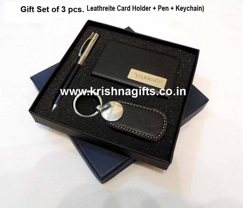 Gift Set 3pc Yahoo - Leather, Ballpoint Pen 14cm, Black | Elegant Design, Metal Keychain, Personalized Gift