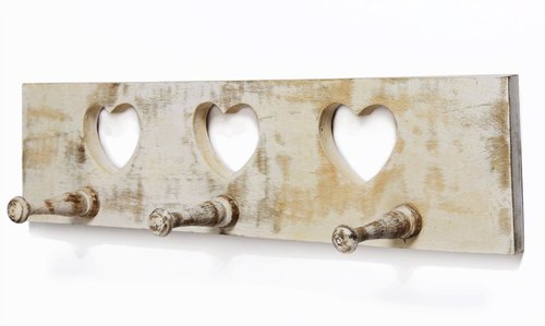 18" Vintage Hand Carved Wall Mounted Coat Hooks Hanger with Open Heart Cut-outs