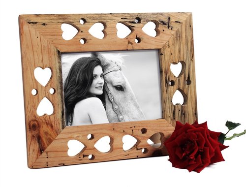 5" x 7" Vintage Hand Carved Photo Frame with Heart Cut-outs & Burnt Finish