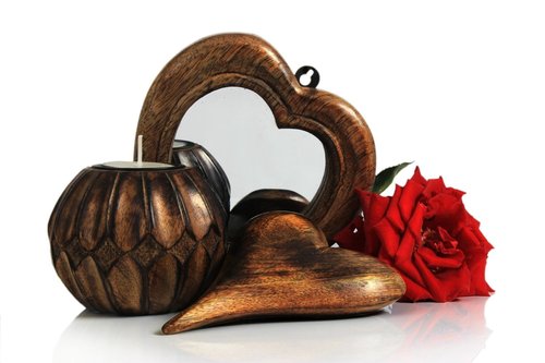Beautiful Handmade Tea Light Holder, Heart Shaped Ornament and Heart Shaped Wall Mounted Mirror