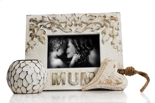 White Wash Finish Handmade Tea Light Holder, Heart Shaped Wall Hanging & Mum Photo Frame