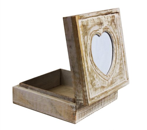 Hand Carved Jewellery Box with Heart Shaped Photo Frame on Lid in White Distress Finish
