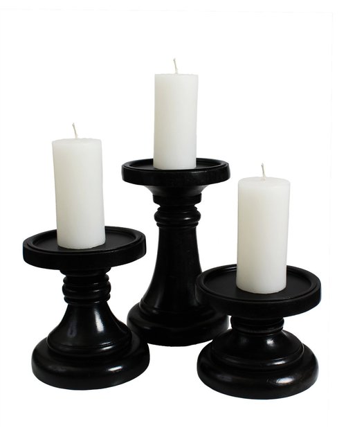 Set of 2 Handcrafted Wooden Candle Pillar Holders with Shiny Black Duco Paint