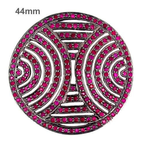 Ruby Sterling Silver Disc Finding - 44mm, 925 Sterling Silver, Ruby 5.8 Cts, Elegant Design, Versatile Use
