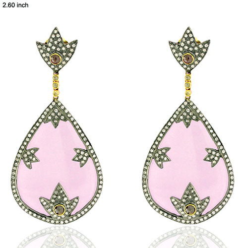 18 k Gold 925 Sterling Silver Dangle Earrings 68x32 mm - Rose Quartz 41.70 Ct, Diamond 5.02 Ct, Elegant Luxury Design