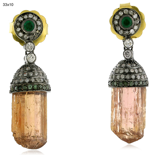 18 k Gold Diamond Gemstone Dangle Earrings Jewelry - 33x10 mm, Emerald & Imperial Topaz, 18k Gold, 925 Silver, 0.76 Ct Diamonds, 16.70 Ct Gemstones, Elegant Design