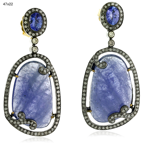 18 k Gold 925 Sterling Silver Tanzanite Diamond Dangle Earrings - 47x22 mm, 30.55 Ct Tanzanite, 1.76 Ct Diamonds, Elegant Luxury Design