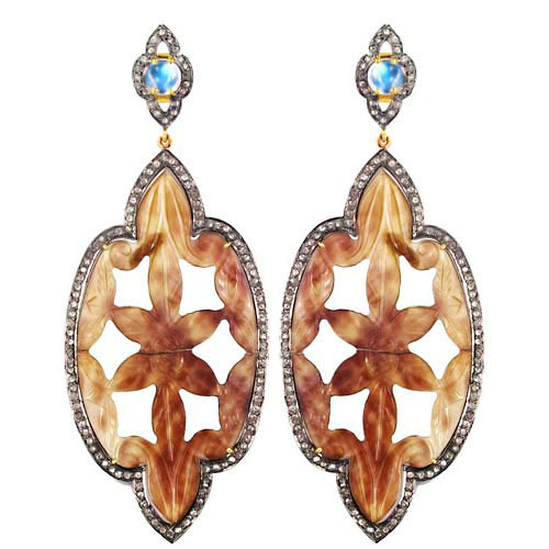 Moonstone Carving Diamond Gold Earrings