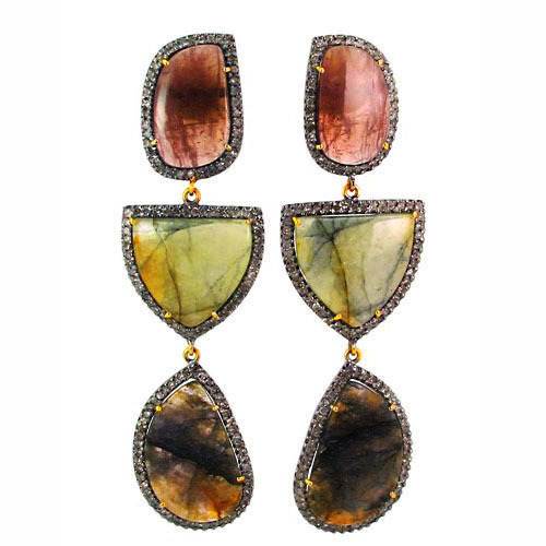 Diamond Multi Tourmaline Gold Earrings - 14k Gold, 89x25 mm, Multi Tourmaline | Elegant Design, Diamond 3.99 CTS, Silver Accents