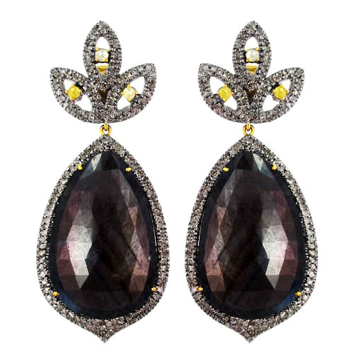 Gold Sapphire Diamond Earrings - 14k Gold, 67x28 mm, Sapphire 90.85 CTS, Diamond 3.37 CTS | Elegant Design, Luxury Appeal, Gift-Ready