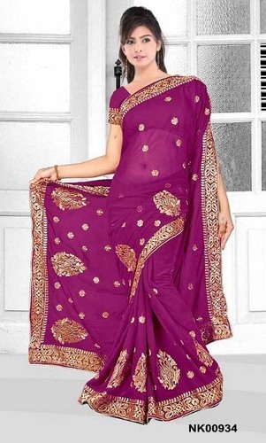 Designer Embroidery Saree - Silk 5.5 Meters Purple, Hand-Stitched Zari Work, Elegant Design