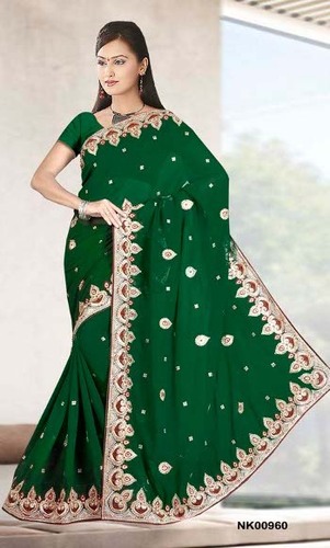 Embroidered Designer Saree - Silk, 5.5 Meters, Green, Floral Work | Elegant Embroidery, Alluring Prints, Stylish Traditional Fit