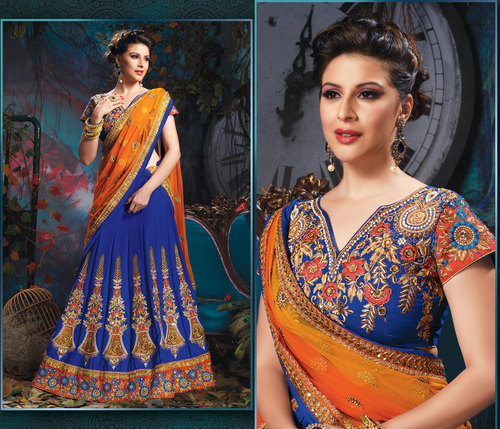 Buy Designer Saree - Silk Blend, 55 Inches, Blue | Elegant Design, Intricate Embroidery, Comfortable Party Wear