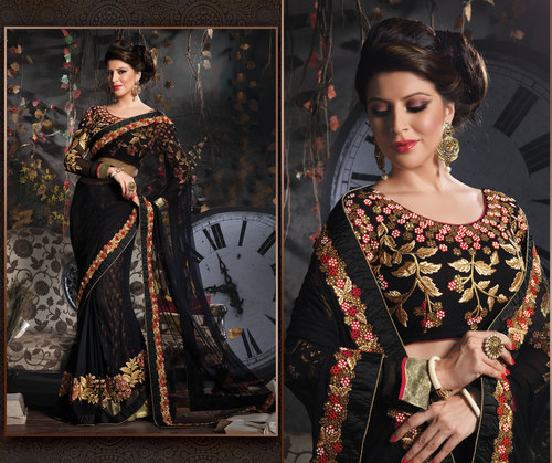 Online Designer Sarees - Silk Blend, 5.5 Meters, Black | Velvet Embroidery, Elegant Design, Handwork, Customizable Options