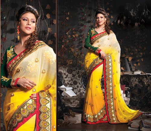 Online Designer Sarees - Silk Blend, 5.5 Meters, Yellow | Handcrafted Embroidery, Elegant Design, Vibrant Colors, Perfect Fit