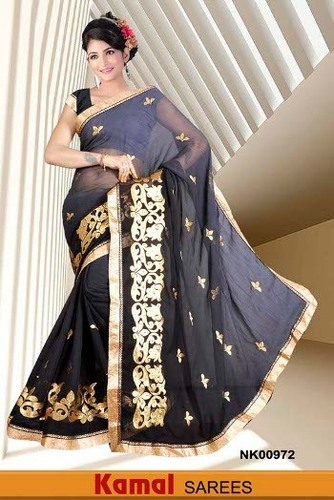 Grey Elegant Saree - Silk Blend, 5.5m Length, Floral Design, Bead and Yarn Embroidery, Elegant Look