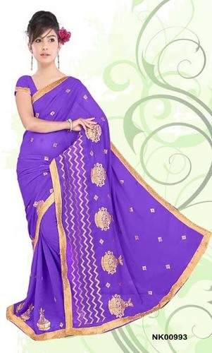 Embroidery Fancy Saree - Soft Silk, 5.5 Meters, Purple, Golden Border | Handcrafted Elegant Embroidery, Alluring Prints, Stylish Design
