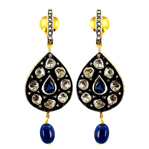 Gold Blue Sapphire Diamond Earrings - 14k Gold, 57x20 mm, Blue Sapphire & 1.53 CTS Diamond, Elegant Luxury Jewelry