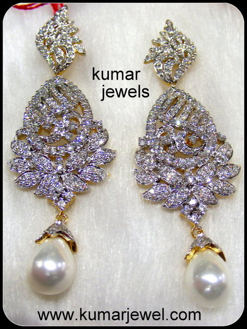 Designer Diamond Earring - Silver Alloy, Gold Plated, 2-3 Inches | Cubic Zirconia, Pearl Drop, Dangling Style