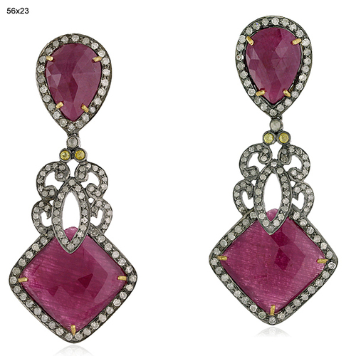 Ruby Designer Dangle Earrings Jewelry - 18k Gold 925 Sterling Silver 56x23 mm, Ruby 28.25 Ct, Diamond 2.50 Ct, Handcrafted Elegant Party Wear