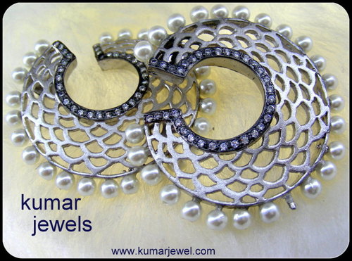 Silver Half Earring - Silver Alloy 25-30mm Platinum Plated | CZ Stones Pearls Elegant Design